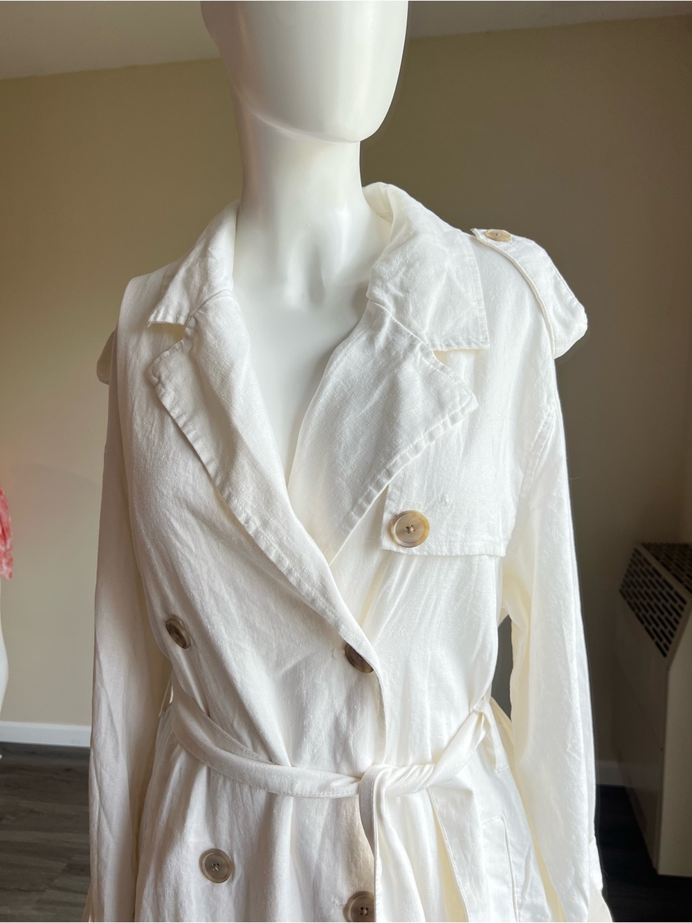 A New Day White Linen Midi Unlined Trench Coat Women . - Picture 3 of 11